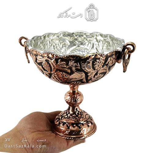 کاسه پایه دار مسی سیاه قلم زنجان نانو شده قطر 15سانتی AH-116