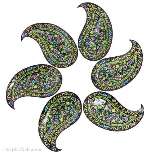 ست بشقاب میناکاری شده مسی طرح بته جقه مشکی 5 عددی LT-15