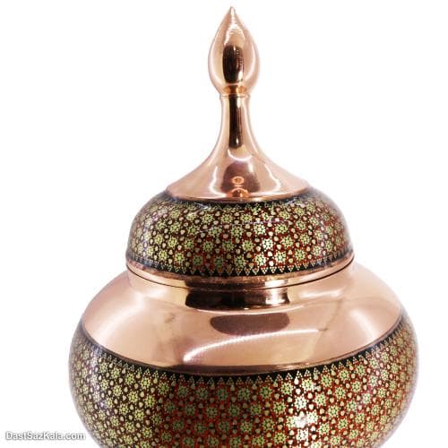 شکلات خوری خاتم کاری مسی پایه دار 30 سانتی قرمز کد MJ-65