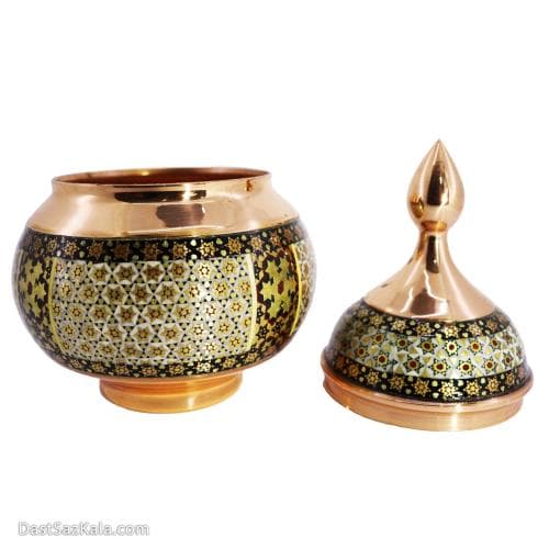 قندان مسی خاتم کاری شده سایز 20 مدل شال دار کد MJ-80