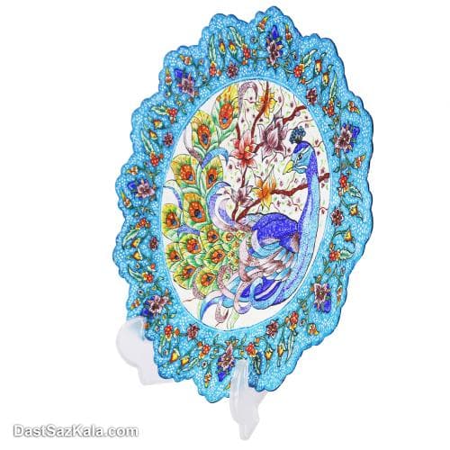 بشقاب دیوارکوب میناکاری 30 سانتی با نقاشی گل و طاوس کد LT-61
