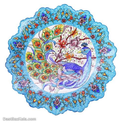 بشقاب دیوارکوب میناکاری 30 سانتی با نقاشی گل و طاوس کد LT-61