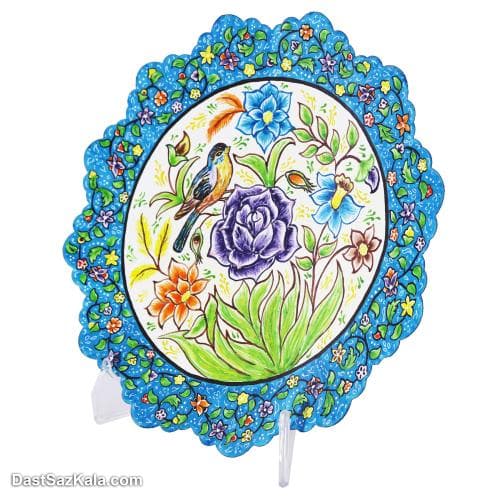 بشقاب دیوارکوب میناکاری 20 سانتی با نقاشی گل و مرغ کد LT-60