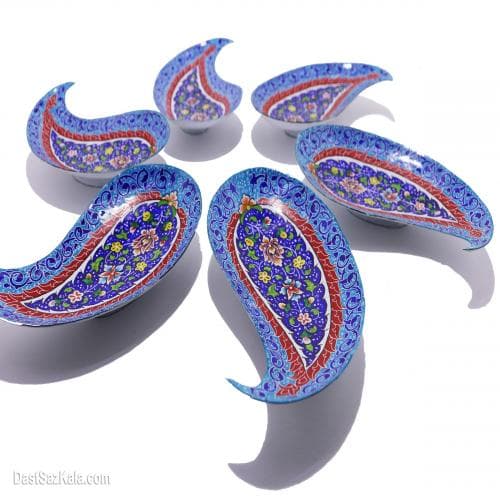 ست بشقاب میناکاری مسی طرح بته جقه 5 تایی پایه دار کد LT-14