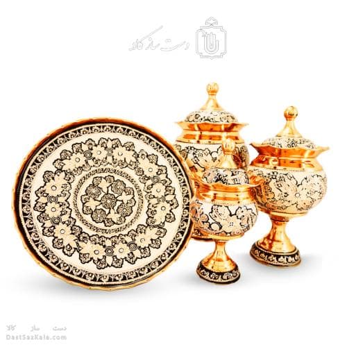 سرویس پذیرایی مسی طرح الماس تراش نقره کوب 4 تیکه کد MJ-133