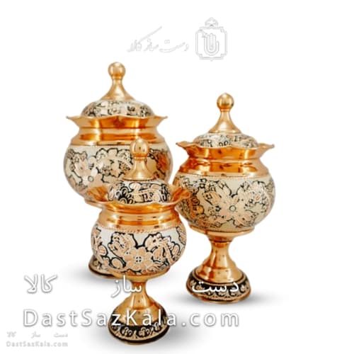 سرویس پذیرایی مسی طرح الماس تراش نقره کوب 4 تیکه کد MJ-133