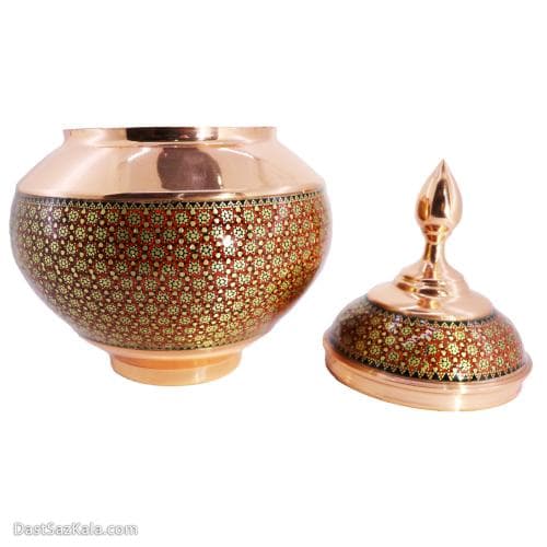 قندان مسی خاتم کاری شده مدل سیبی سایز 27 قرمز کد MJ-69