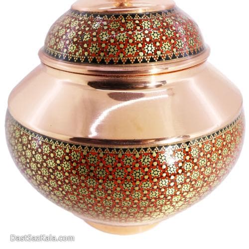 قندان مسی خاتم کاری شده مدل سیبی سایز 27 قرمز کد MJ-69