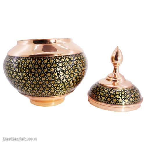 قندان مسی خاتم کاری مدل سیبی سایز 27 مشکی کد MJ-68