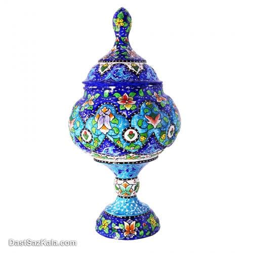 قندان میناکاری پایه دار و درب دار مسی 23 سانتیمتری کد LT-35