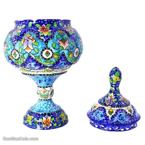 قندان میناکاری پایه دار و درب دار مسی 23 سانتیمتری کد LT-35