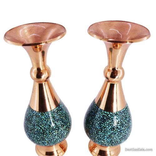 گلدان مسی فیروزه کوبی شده 20 سانتی مجموعه ی 2 عددی کد MJ-60