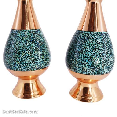 گلدان مسی فیروزه کوبی شده 20 سانتی مجموعه ی 2 عددی کد MJ-60