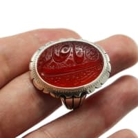 انگشتر عقیق سرخ مردانه حکاکی شده با رکاب کمره دو اشک SG-179